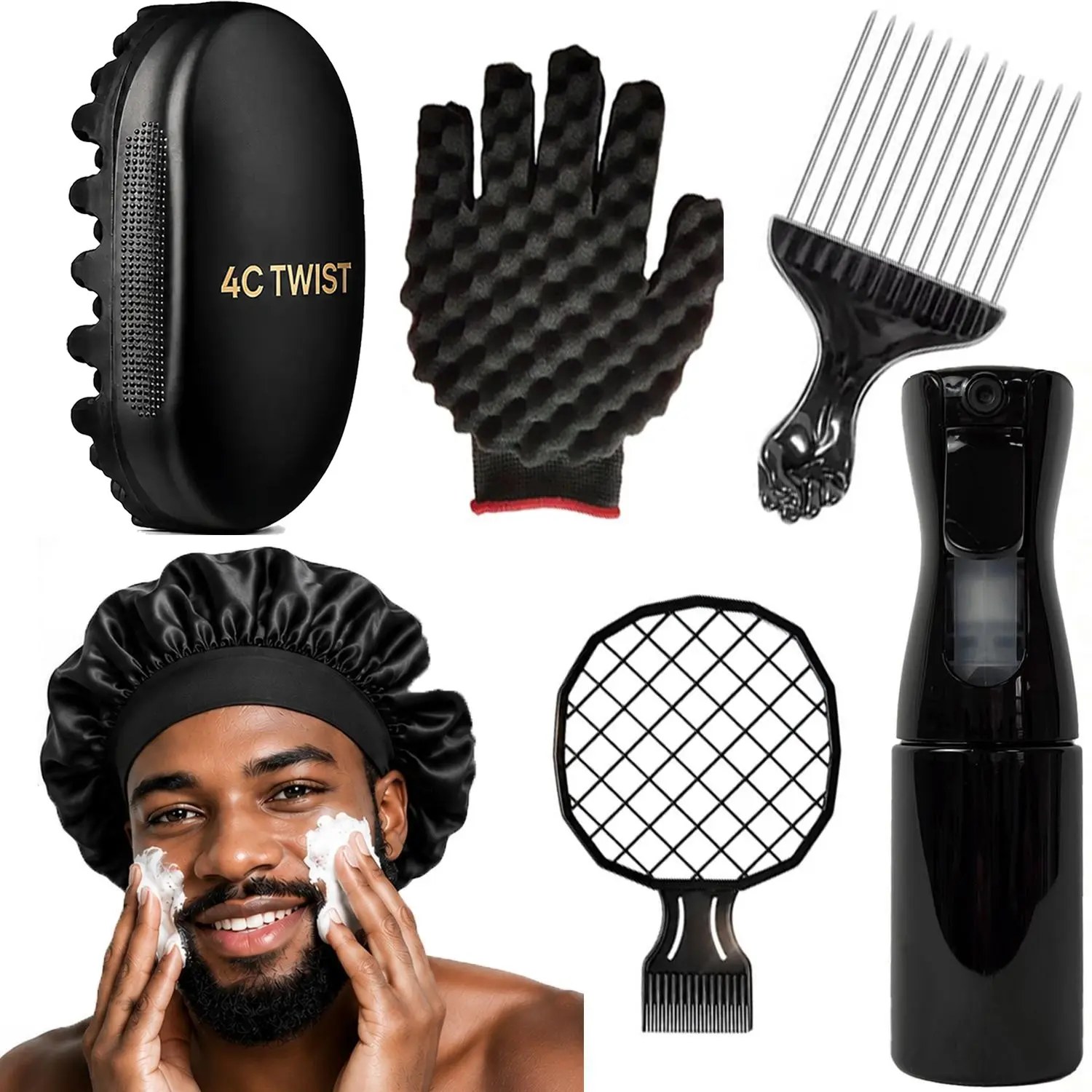 4C TWIST Men’s 6-Piece Twist Hair Styling Kit with Twist Sponge, Curl Sponge Glove, Wave Brush, Twist Comb, Metal Afro Pick Comb & Hair Spray Bottle for 4C Natural Hair, Coils, Curls, Twists, Waves & Afro Styling DIY Hair Styler