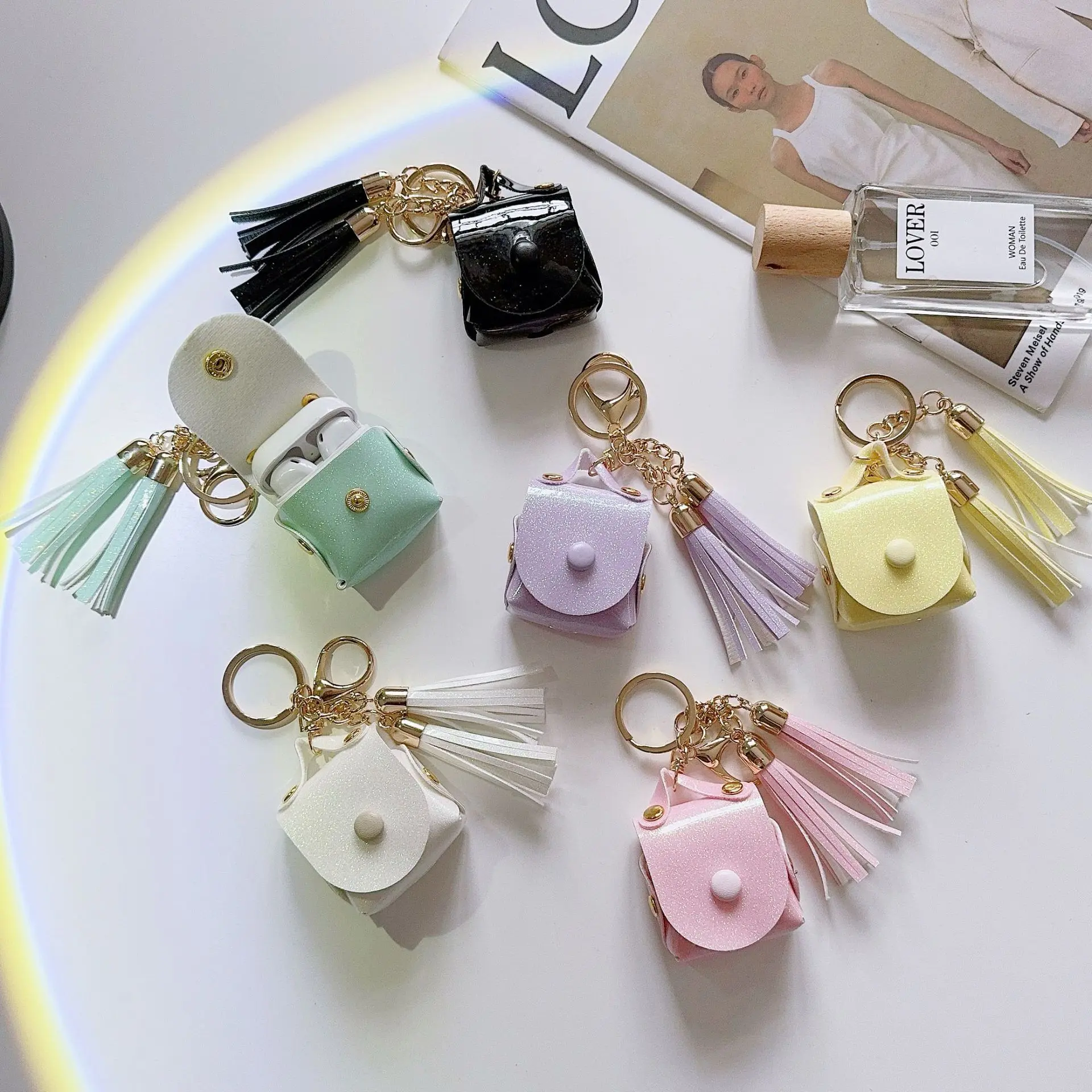 Glitter Tassel Leather Case Luxury Protective Cover for AirPods Pro 2 Wireless Earbuds Shockproof Bluetooth Headphone Pouch Slim Keychain Sleeve for Women Travel