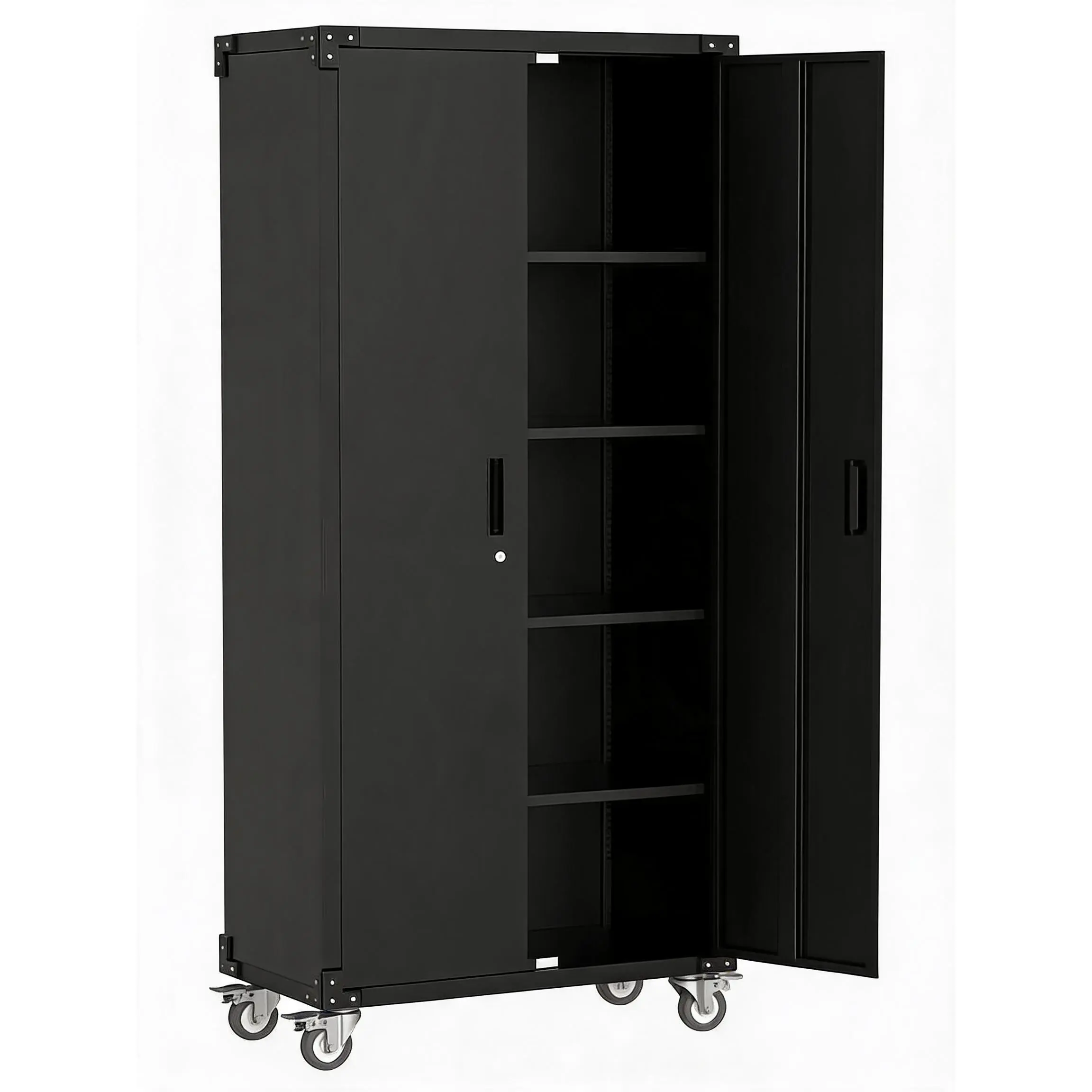 72" Tall Arched Metal Frame Storage Cabinet with Glass Doors & Drawer, Freestanding Pantry with Adjustable Shelves, Modern Accent Bookshelf for Dining Room, Living Room, Black