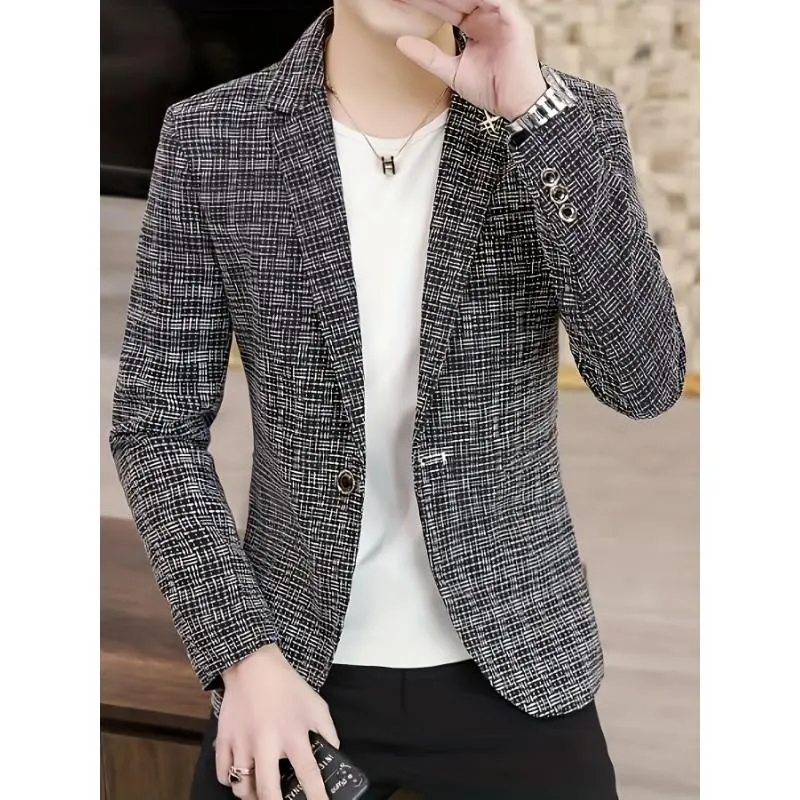 Men��s Houndstooth Blazer �C Polyester, Slim Fit, Lapel Collar, Functional Pockets, Fall/Winter Tailored Sports Jacket Menswear  Long Sleeve