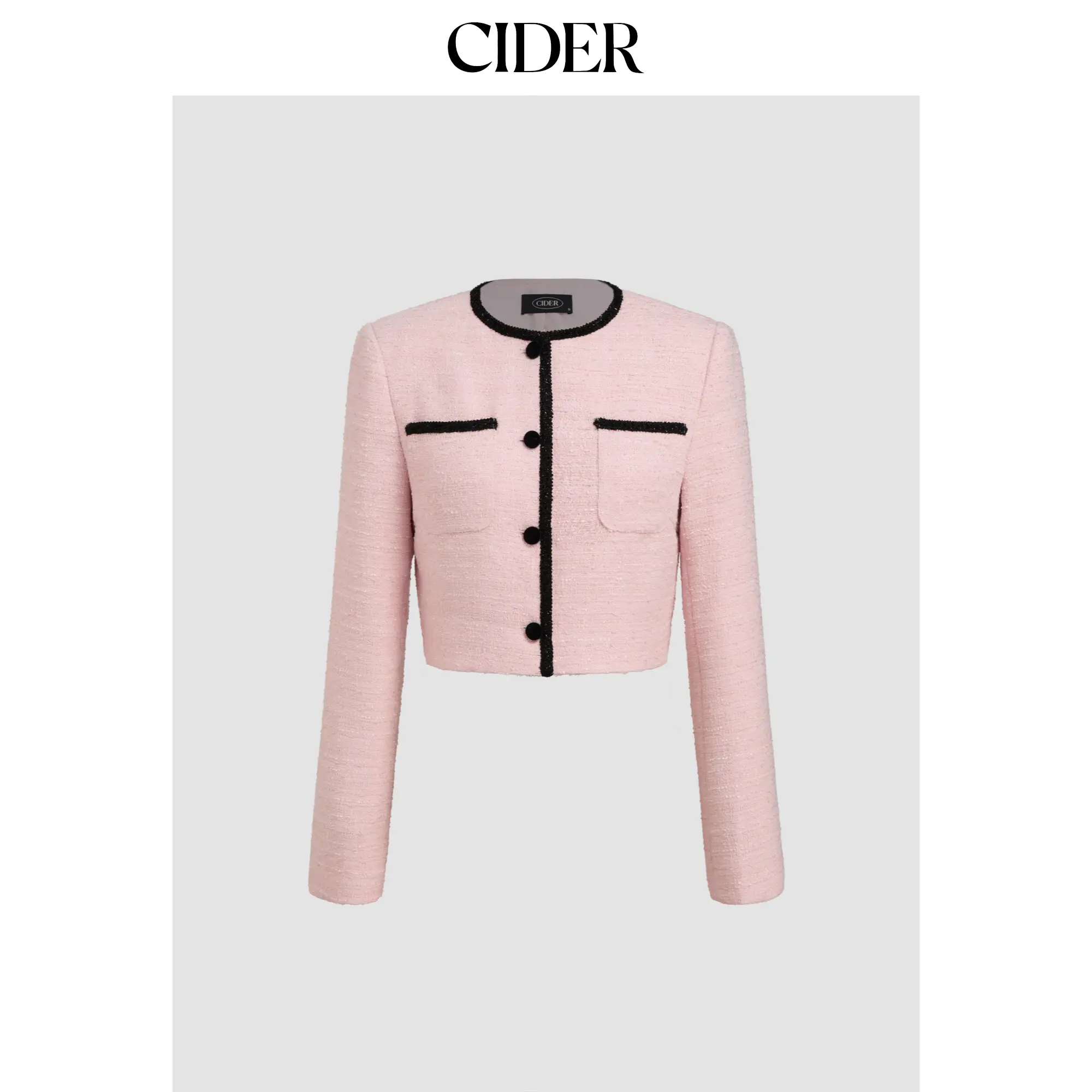Cider [size 2-26] Tweed Round Neckline Contrasting Binding Pocket Button Crop Jacket