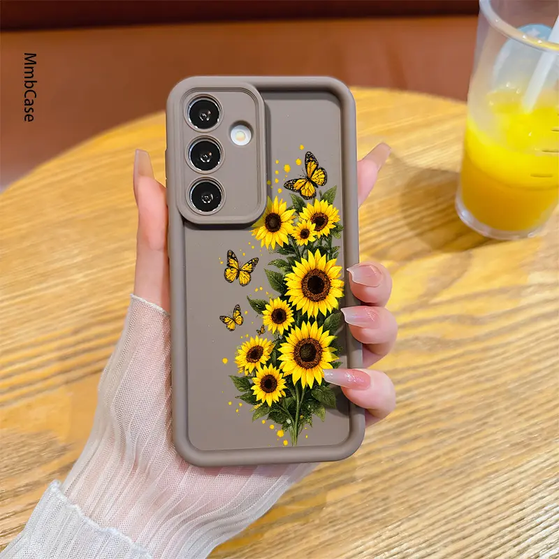 Phone Case: Yellow Sunflowers Blooming with Bright Butterflies. Matte Shockproof TPU Case, Full Cover Anti-Slip/Anti-Fingerprint, for Galaxy S26 S25 S24 S23 S22 S21 Fe Plus Ultra A13 A14 A15 A16 A17 A33 A34 A35 A36 A52 A53 A54 Note20, Cute Accessories, Mu