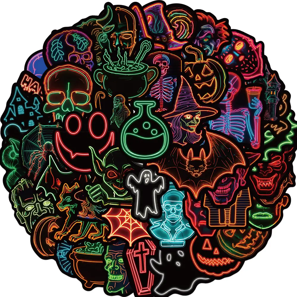50PCS Halloween Neon Waterproof Cartoon Vinyl Stickers - Adhesive Stick-On Cute Accessories for Luggage, Water Bottle, DIY Crafts, Spooky Party Decor & Holiday Accents