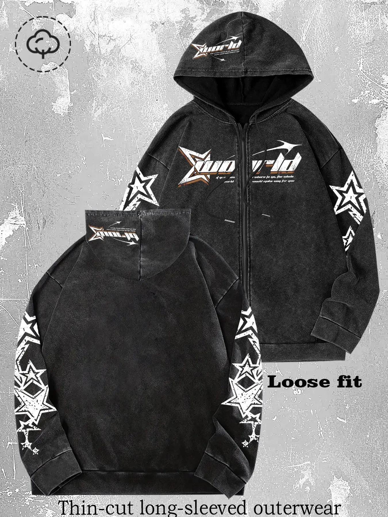 Unisex Street Style Zip Hoodie Jacket, Thin Cotton Sweatshirt with Xworld Logo Star Pattern, Y2K Campus Hip-Hop Fashion for Spring & Fall