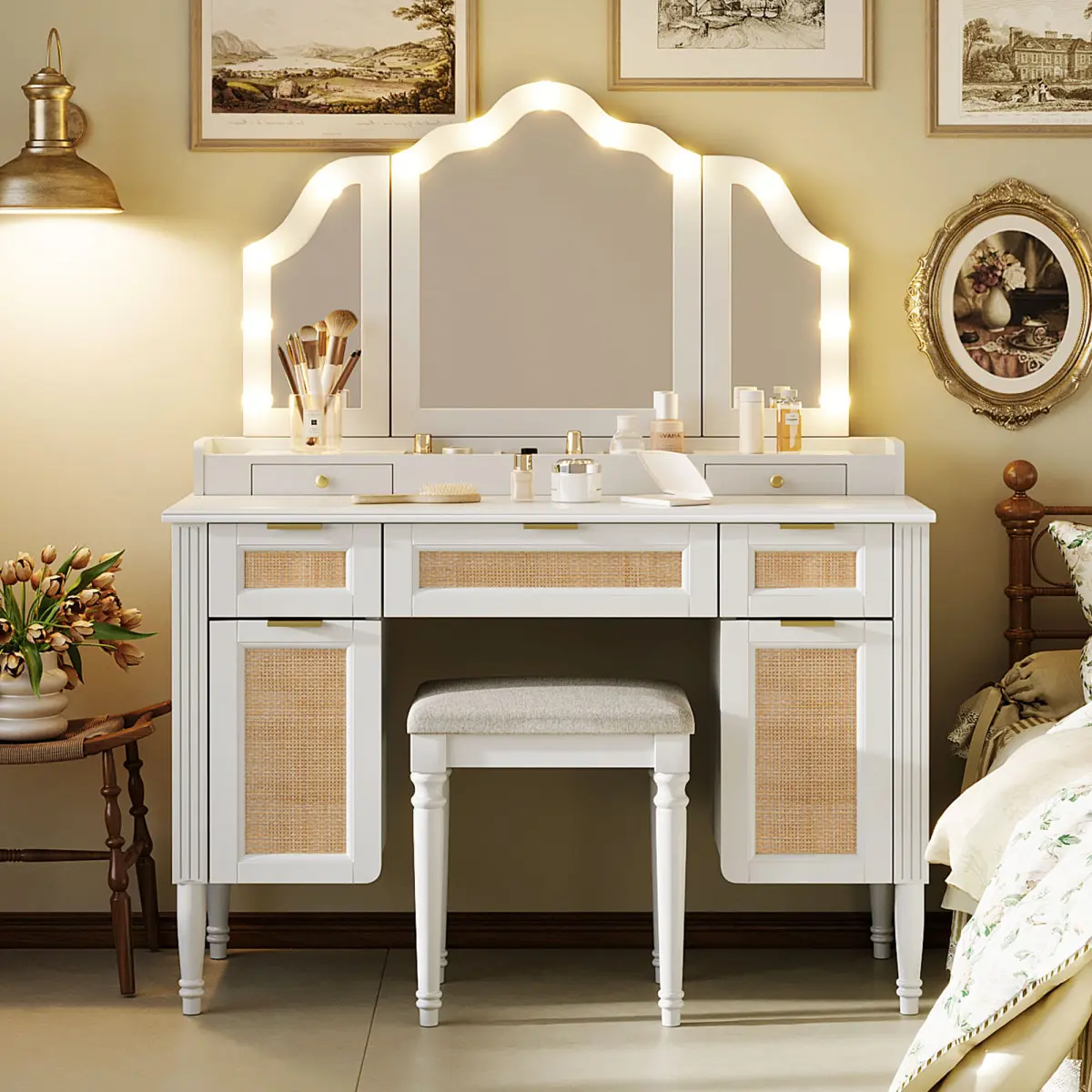 White Bohemian Folding 3-Way Mirror Vanity Desk - MDF & Rubber Wood Hollywood Makeup Vanity with 13 Dimmable LED Lights, Built-In Charging Port, Multi-Storage Drawers, Stable for Bedroom Organization & Colored-Lit Needs, Makeup Organization, Vanity Organi