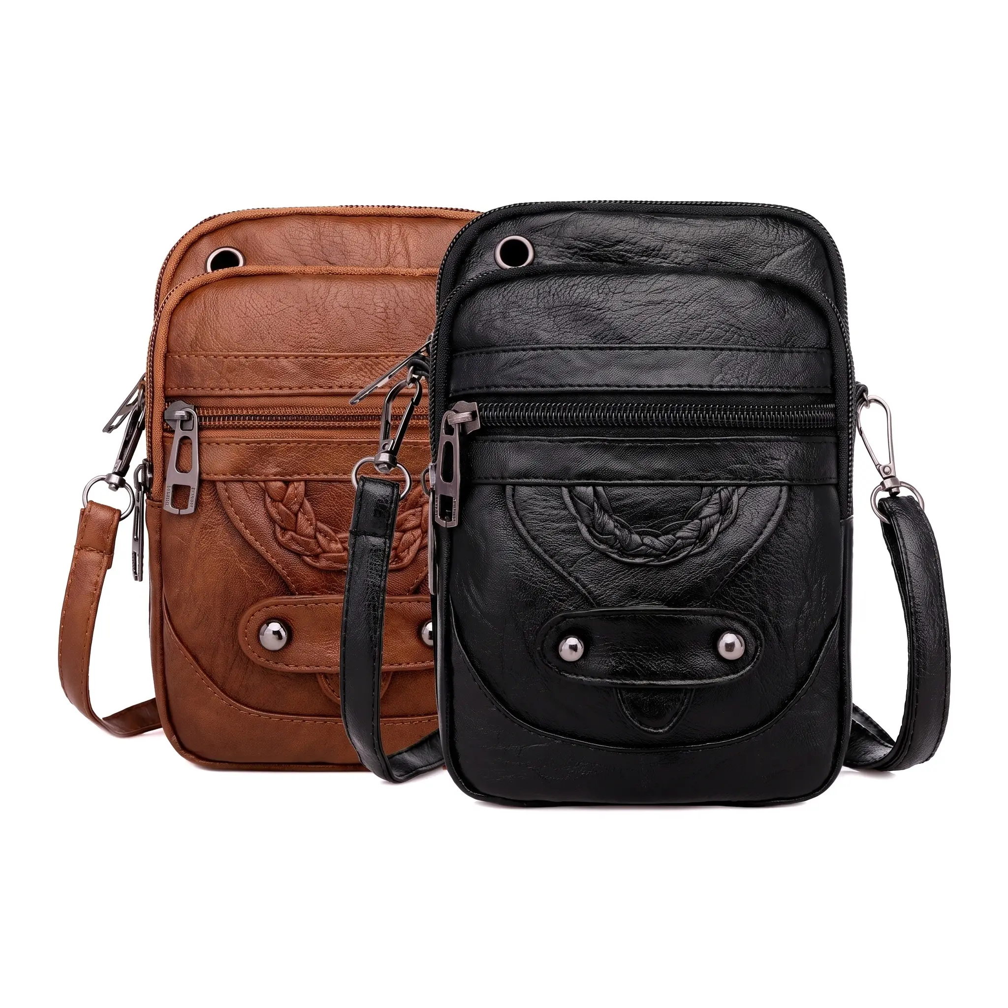 Soft Leather Crossbody Bag For Women Daily Carry Chic Mini Square Phone Bag Woven Rivets Patchwork Zipper Closure Retro Style