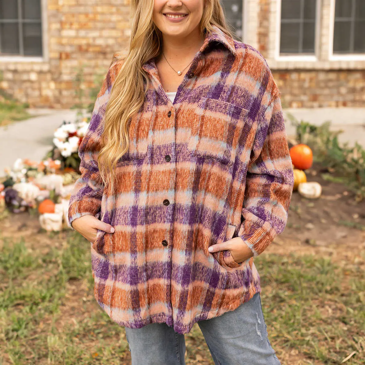 Multicolour Plus Size Plaid Print Collared Button up Jacket