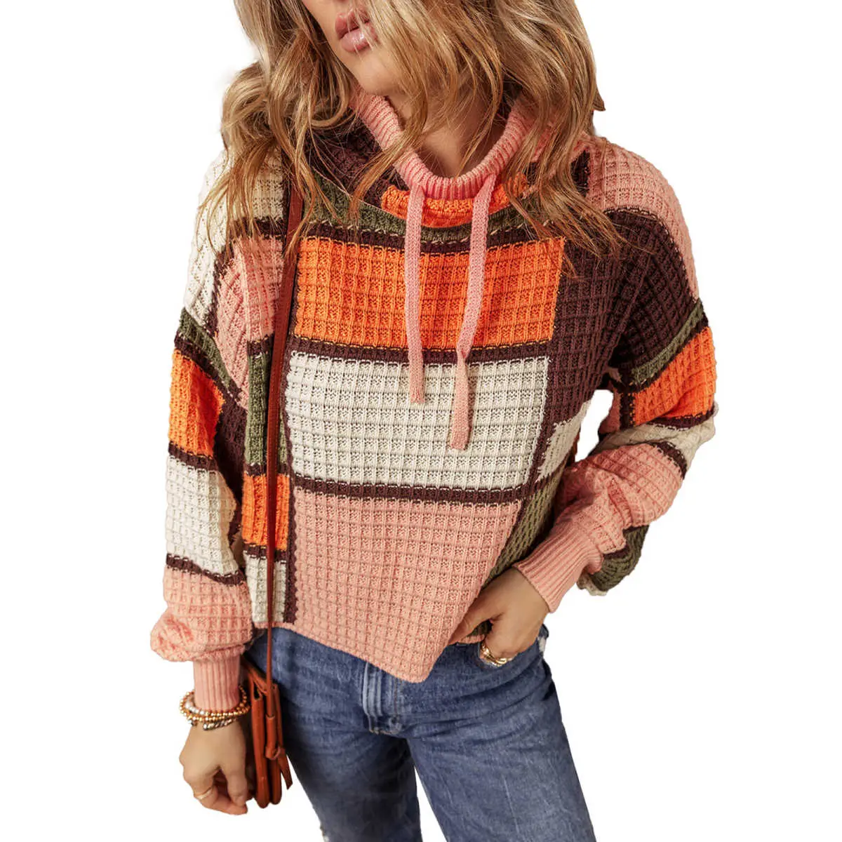 Women's Waffle Knit Pullover Sweater Color Block Drawstring Mock Neck Casual Jumper Top