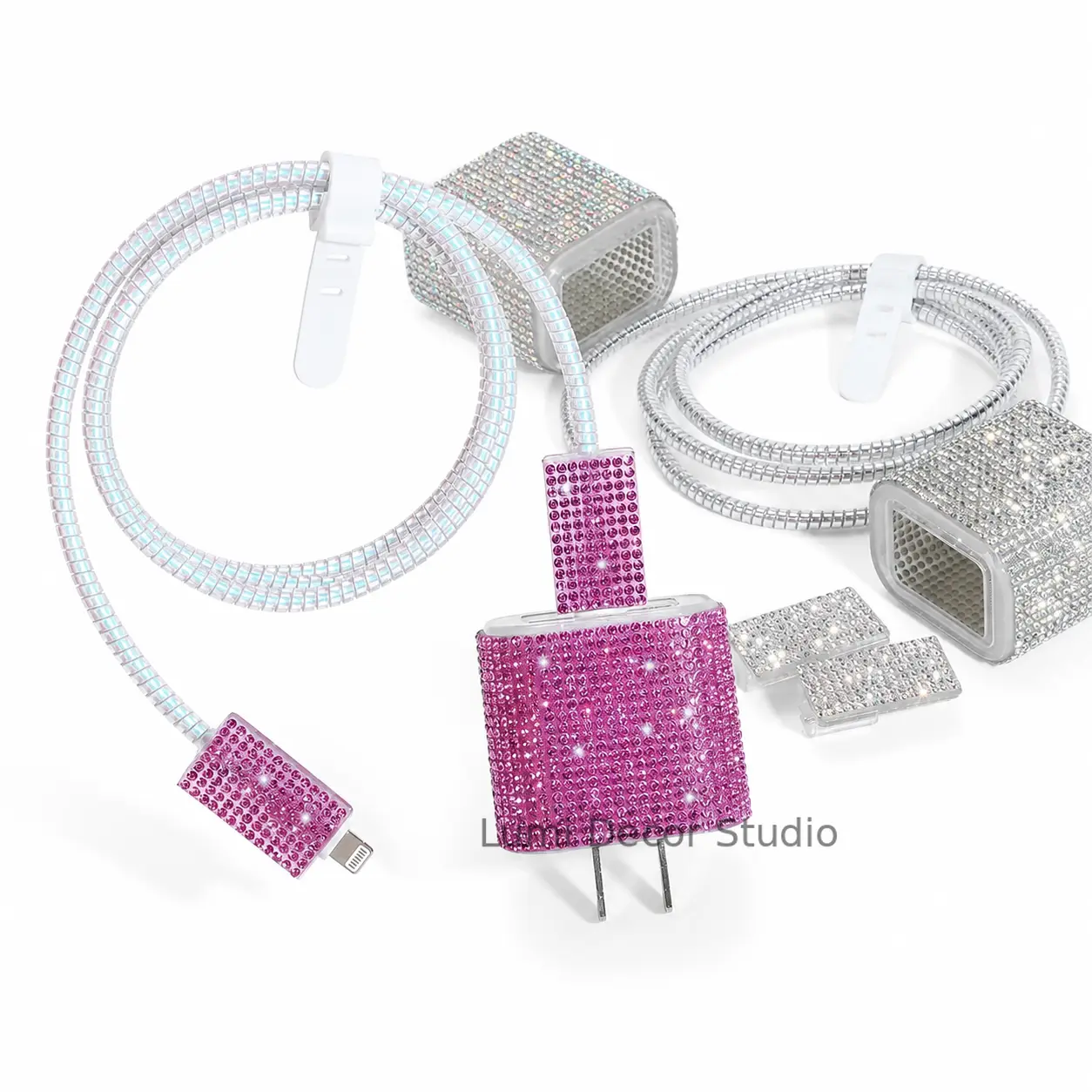 Luxury Rhinestone Mobile Cable Protector Set - Anti-Break Cord Sleeve, Glitter Charging Block Cover for Daily Phone Charger Protection Accessory, Iphone, Two Piece Set