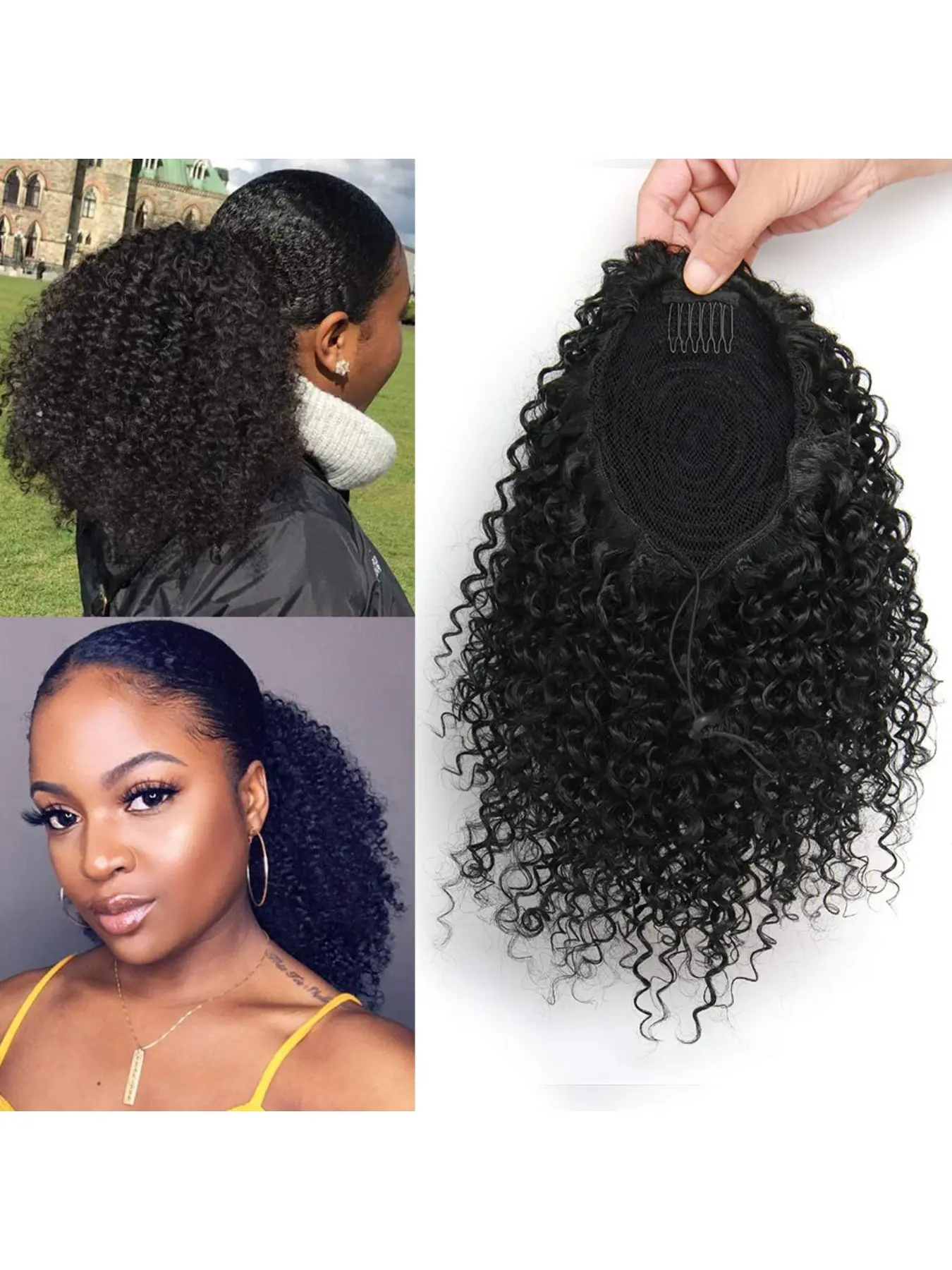 Kinky Curly Wrap Around Drawstring Ponytail Extension, 1b, 100% Human Hair, Medium Length, Soft V Voluminous,Thick Fluffy Curly Ponytail Fashionable Style Easy Install Reusable Natural Hairpiece For Black Women Daily & Party Styling