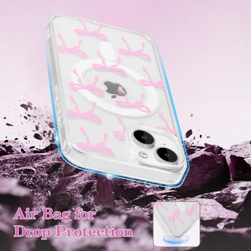 Magnetic for iPhone 17 16 15 14 13 12 11 Case, Bow Case Compatible with MagSafe, Wireless Slim Clear Ribbon Phone Cover Anti-Yellowing Shockproof Protective Cover for Women Girl - Pink.QXG339