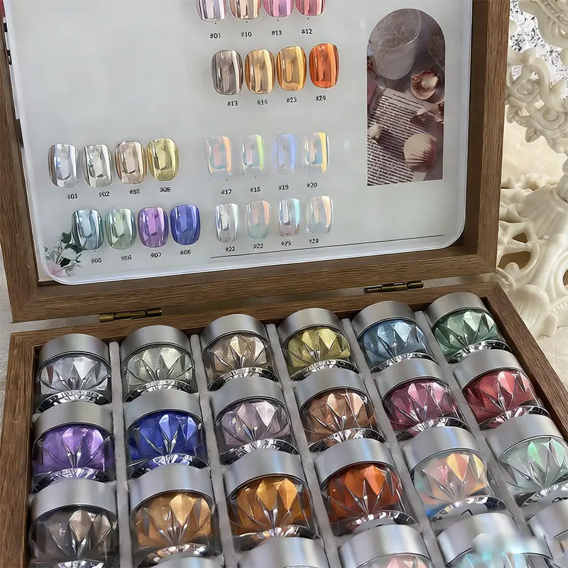 Iridescent aurora mirror chrome nail powder multi-set with high reflective fine pigment. Easy application fits all base coats, sheer fairy or cool metal finish, perfect supplies for handmade press-on, beach and photoshoot nail looks.