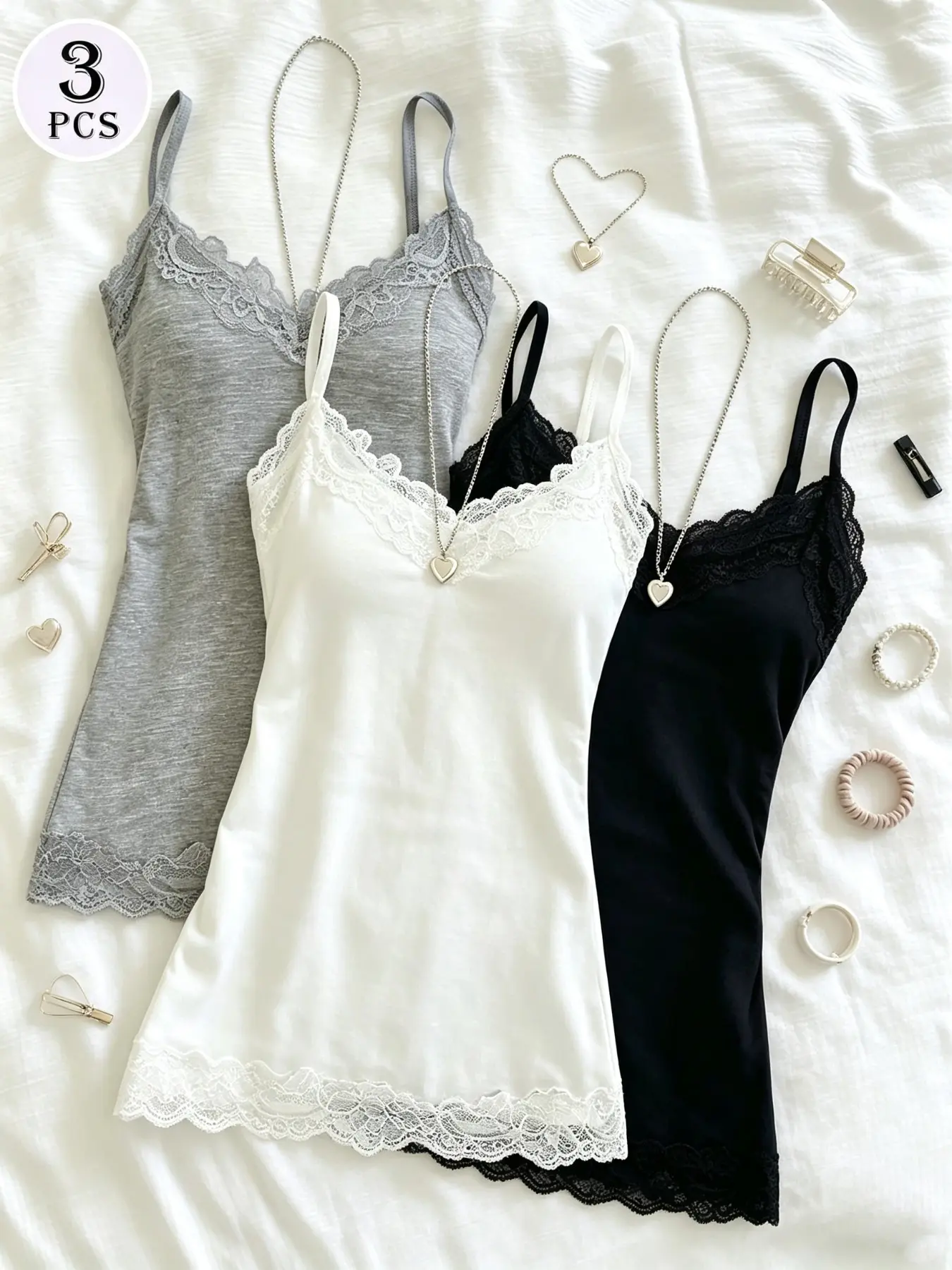 Women's Lace Trim Halter Top Set, V-Neck Thin Strap Cami, Soft Basic Sleeveless Top, Three-Piece for Everyday Wear Camisole