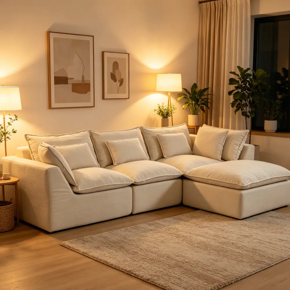 102.3-in Width Velvet Cloud Comfy Sectional Couch - Sturdy Modern 3-Seat Modular Sofa with Ottoman, Fixed Arms, Polyurethane Foam, 102.30x66.10x31.10 in, 114.64 lbs, Deep Wide Seat, Deep Relaxation, Assembly Required, Living Room Furniture