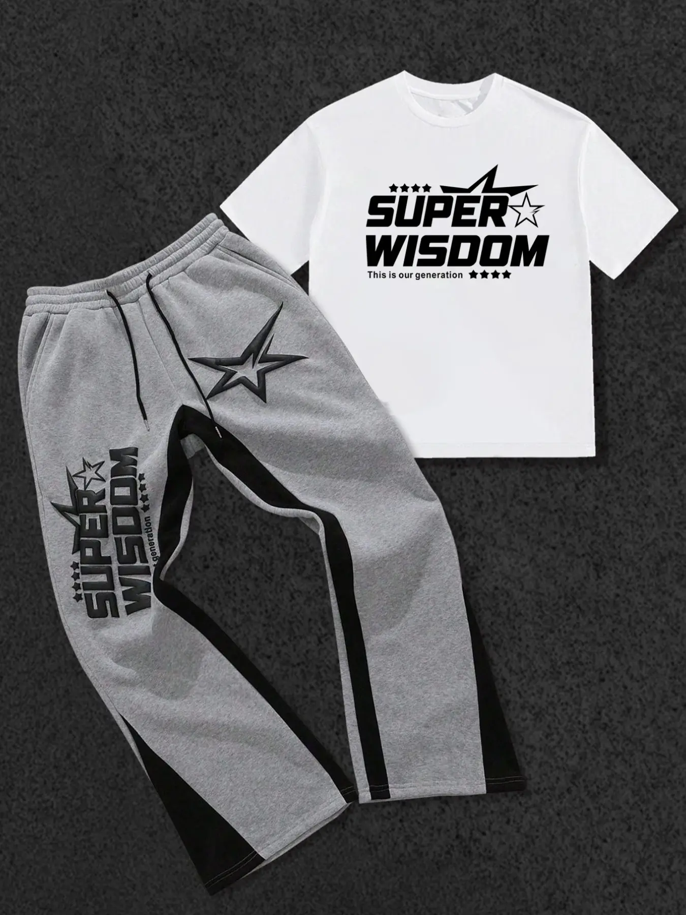 This men's star-print two-piece set includes a loose-fitting short-sleeved T-shirt and color-blocked wide-leg sweatpants for a street-style look.