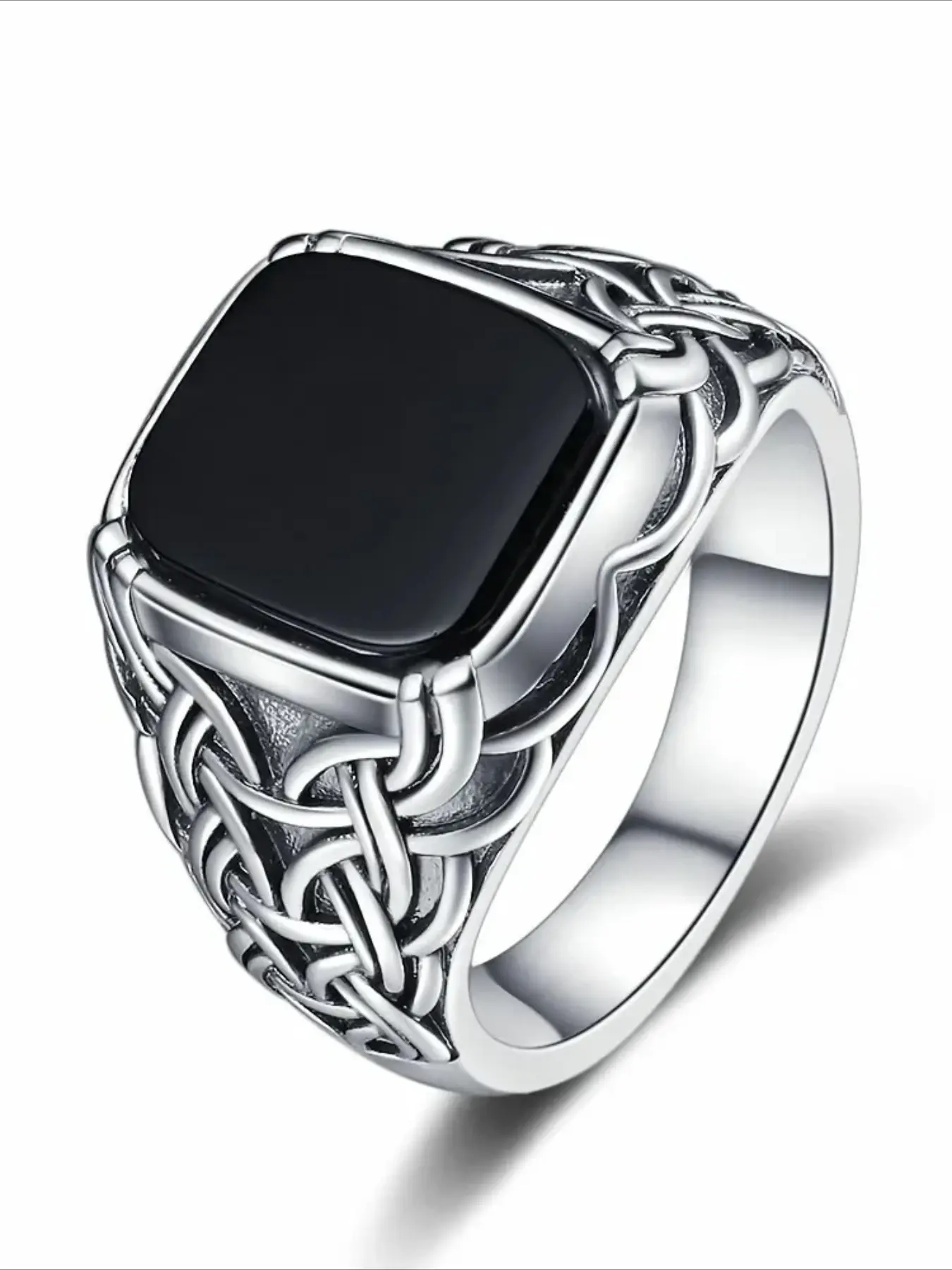 Lover's Natural 10*12mm Big Black Agate Stone Vintage Ring For Men Women Couple Silver Plated Wedding Valentine Party Gifts Jewelry Ring