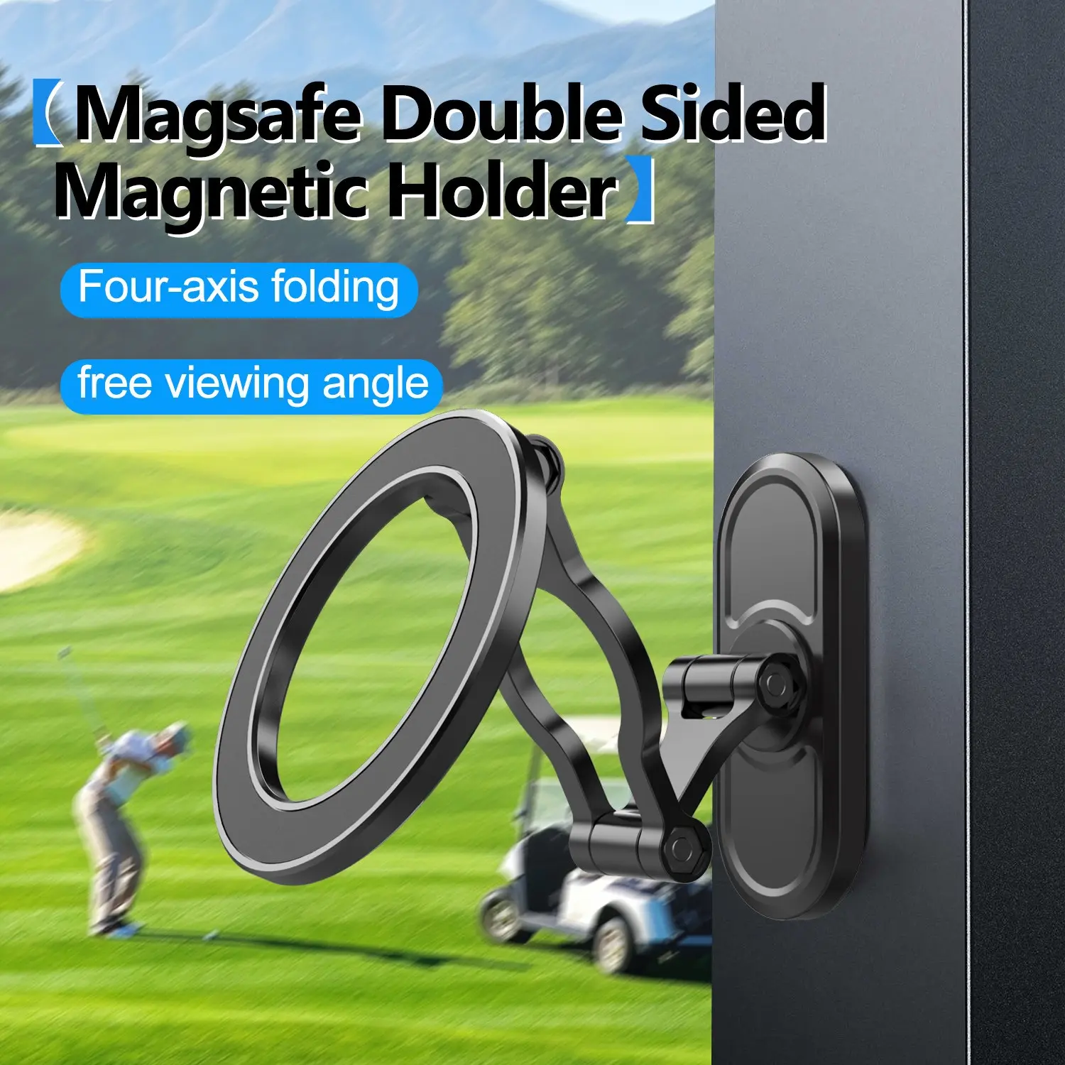 Magsafe Double Sided Magnetic Phone Holder, 4-Axis Foldable Adjustable Phone Mount, Portable Metal Phone Stand for Golf Cart Gym Treadmill Car Workout