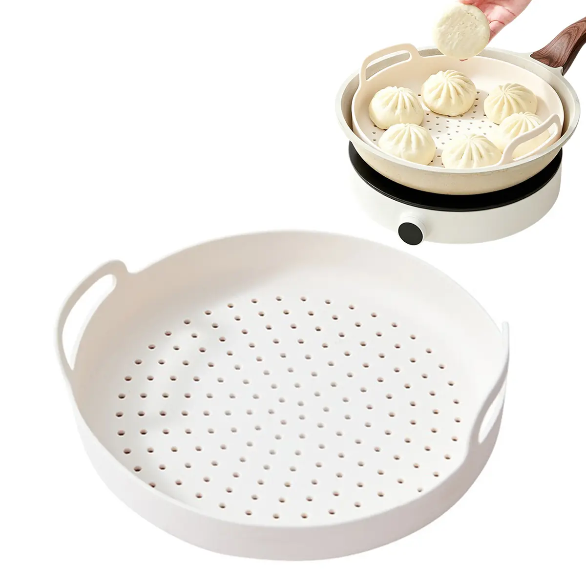 Safe Round Food Grade Platinum Silicone Steamer Tray - Foldable Non-Stick Steaming Basket for Pot, Dumplings, Veggies