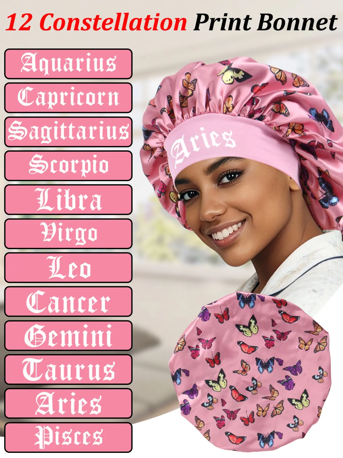 Twelve Constellation Butterfly Print Women's Satin Sleep Cap, Aries Wide Band Design, Butterfly Pattern, Ideal for Casual Home Wear, Sleeping, Hair Care, Hair Protection