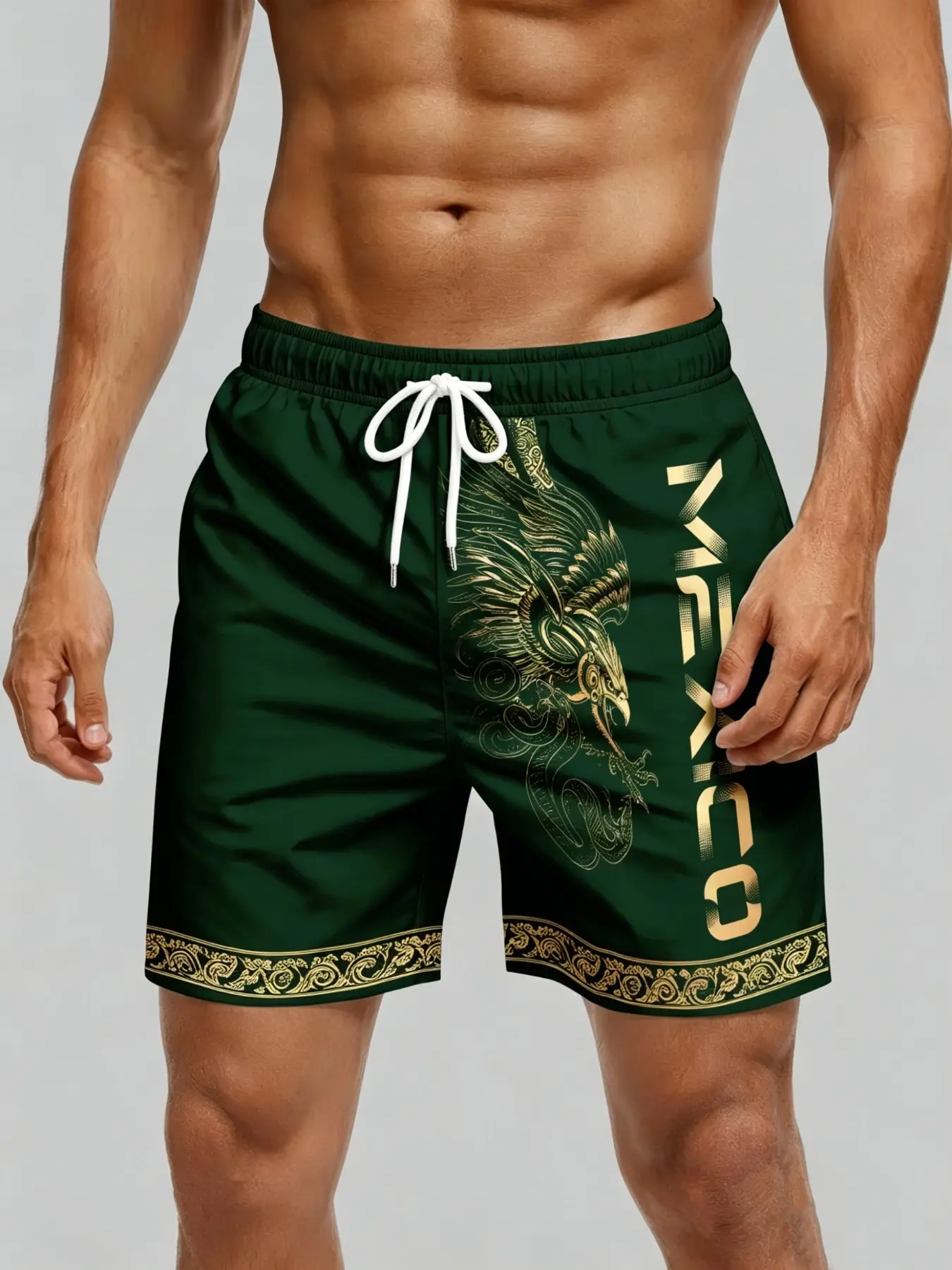 Men's Mexican Print Gold Embossed Eagle Pattern Daily Casual Graphic Shorts, Drawstring Waist, Side Pockets, Summer Casual Knee-Length Shorts