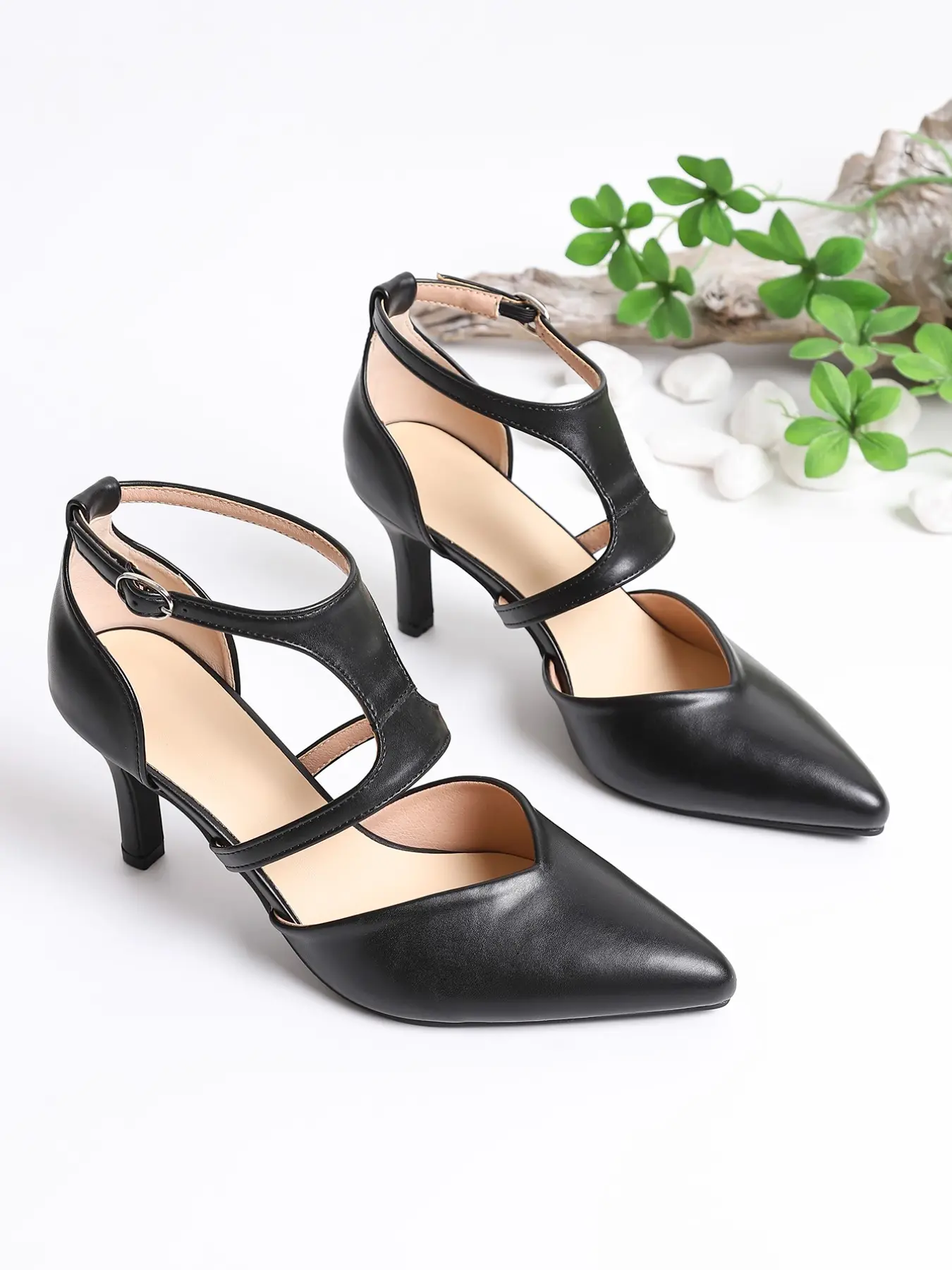 T-Strap High Heel Sandals for Women, Pointed Toe Stiletto Pumps, PU Leather, Medium Width, All Seasons, Office & Dating Shoes