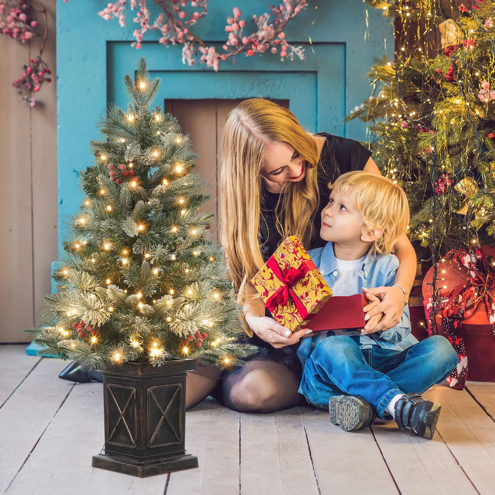 3ft Pre-Lit Christmas Tree, Mini Potted Snow Flocked Tree, Tabletop Artificial Holiday Xmas Tree with Light Box, 78 Warm White LED Lights, Battery Box for Home Party Decor