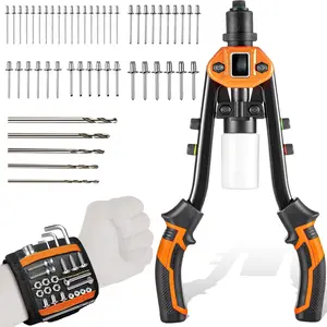 Professional Rivet Gun Kit with 5 Drill Bits & Magnetic Wristband - Heavy Duty Two-Handed Riveter  Metal, Gutter, Automotive - Includes 210 Assorted Rivets