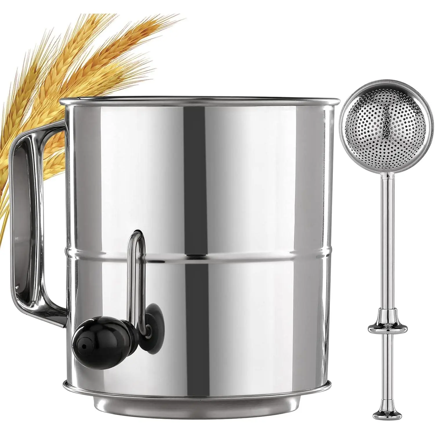 5 Cup Fine Mesh Hand Crank Flour Sifter, Stainless Steel with Agitator Wire Loop, Powdered Sugar Duster Set for Baking