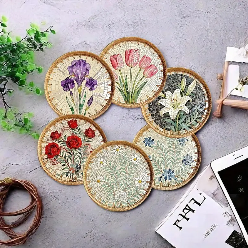 Round Shape Retro Floral Coaster Set of 6, Silicone Non-Slip Heat-Resistant Drink Mats for Car Cup Holders and Home Tea Table Decor Gloss Acrylic Paint Hot Rod Red