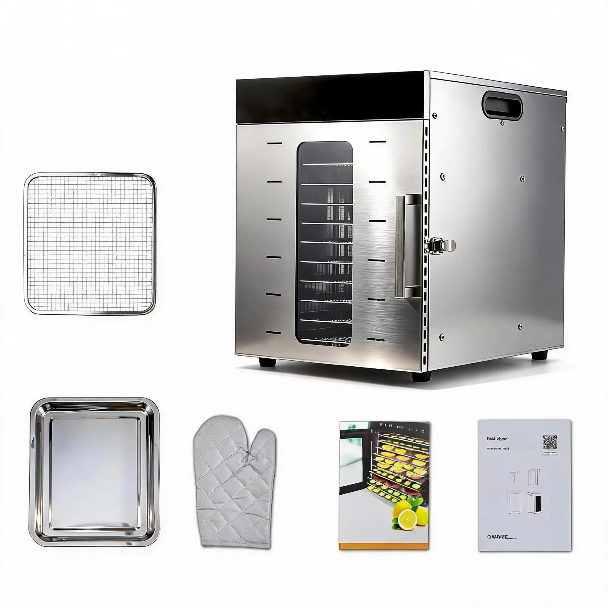 Professional Food Dehydrator – 10-Tray Digital Stainless Steel Dryer – Adjustable Temperature & Timer, Touchscreen, BPA-Free, Commercial-Grade, Includes Recipe Book – Large Capacity, US Plug 800W 110V, Silver, Model SG-10A