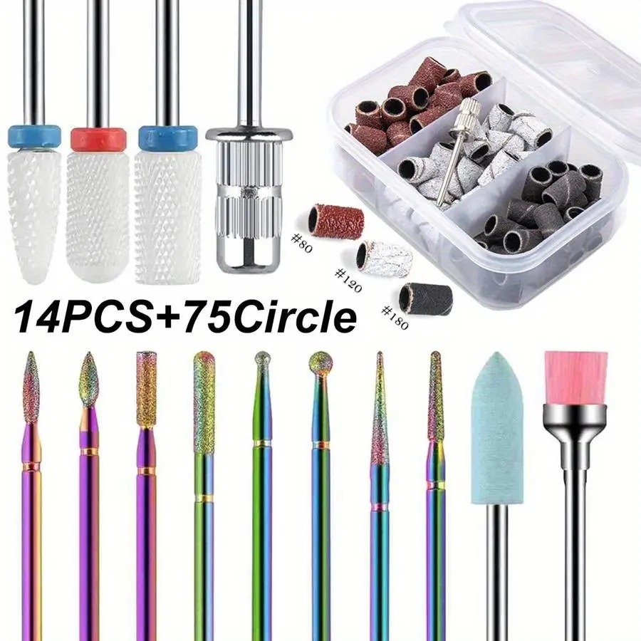 14Pcs+75Pcs Caps Sanding Bands 180/120/80 Grit Professional Ceramic Nail Drill Bit Set Electric Manicure Nail File Bit For Acrylic Gel Manicure Tool Accessories Nail Bits Manicure