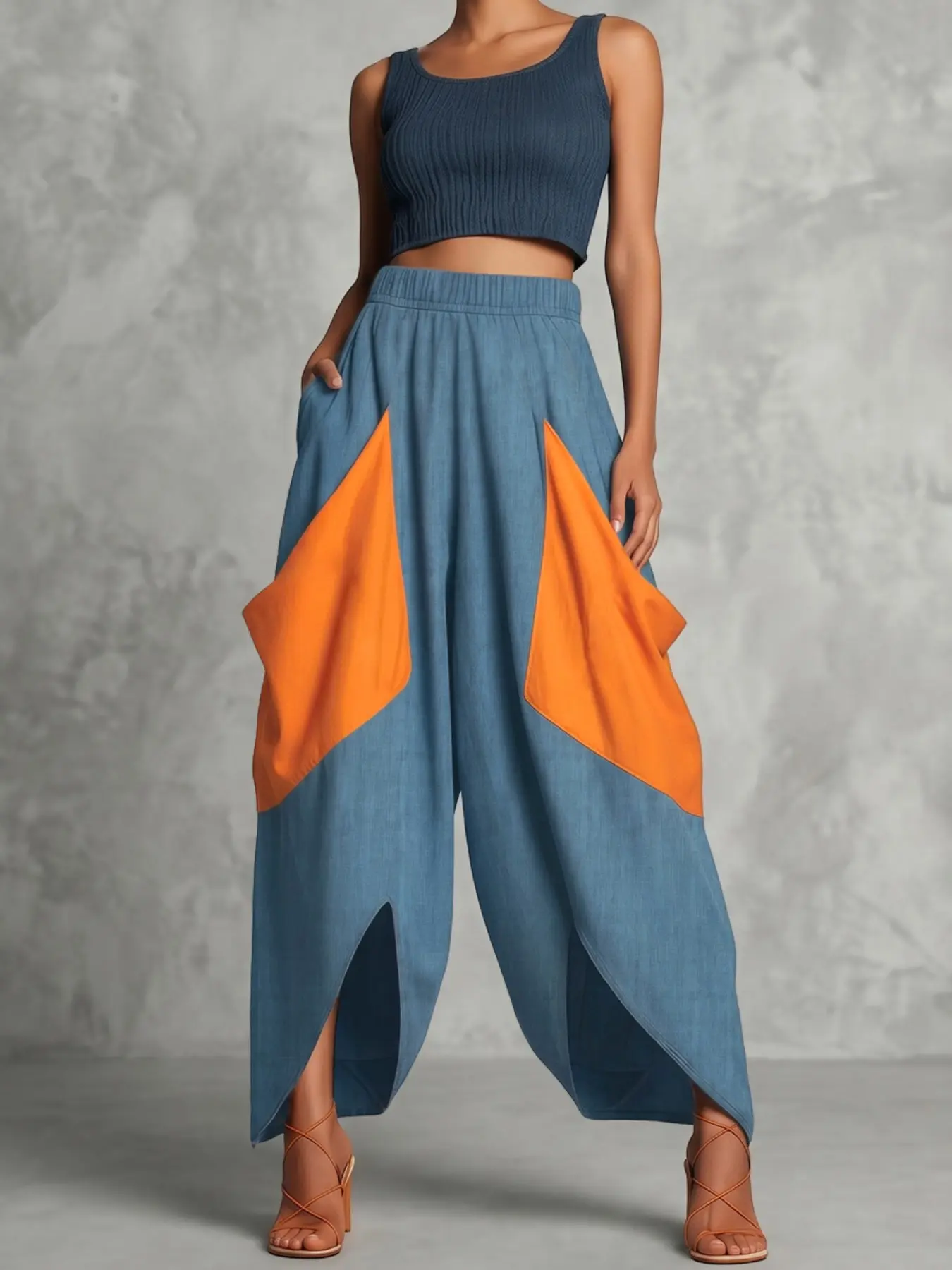 High-Waisted Loose Fit Colorblock Elastic Pocket Split Nine-Inch Casual Straight Leg Pants, Comfortable and Stylish, Perfect for Casual Wear, Casual Fashion Trousers