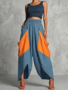 High-Waisted Loose Fit Colorblock Elastic Pocket Split Nine-Inch Casual Straight Leg Pants, Comfortable and Stylish, Perfect for Casual Wear