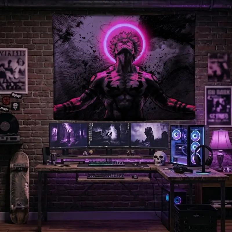 Jujutsu Kaisen Ryomen Sukuna Tapestry Neon Pink Halo Dark Anime King of Curses Wall Hanging Badass Manga Boy Cave Gaming Room Decor Dorm Background Banner Gift