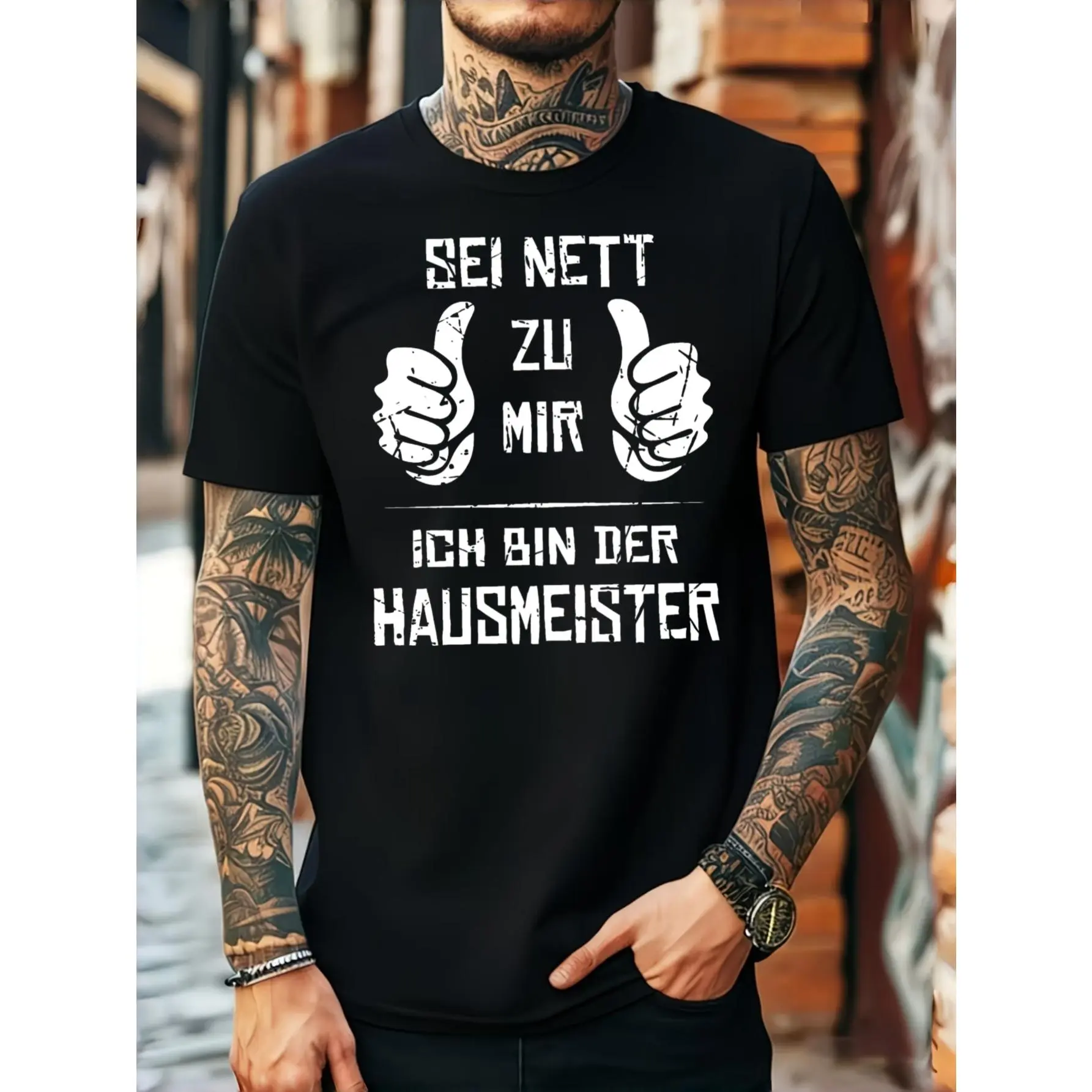 Casual Graphic, Men's T-Shirt, Sei Nett Zu Mir Ich Bin Der Hausmeister Funny German Text Design, Summer Streetwear Daily Wear, Gift For Janitor Handyman Building Manager Or Father