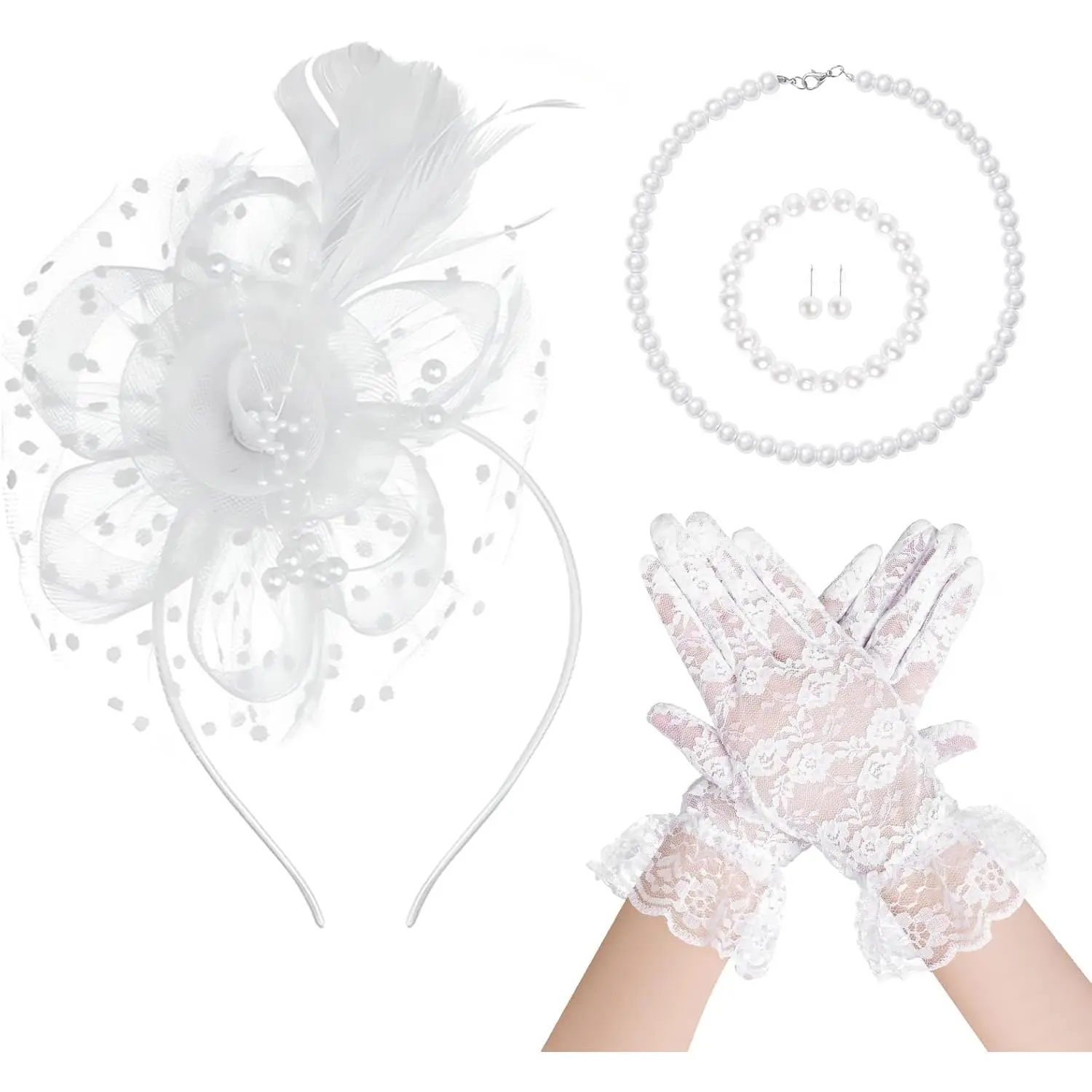 Gathering Set Fascinators Hat with  Necklace Earring  Lace Gloves for Wedding  Accessories