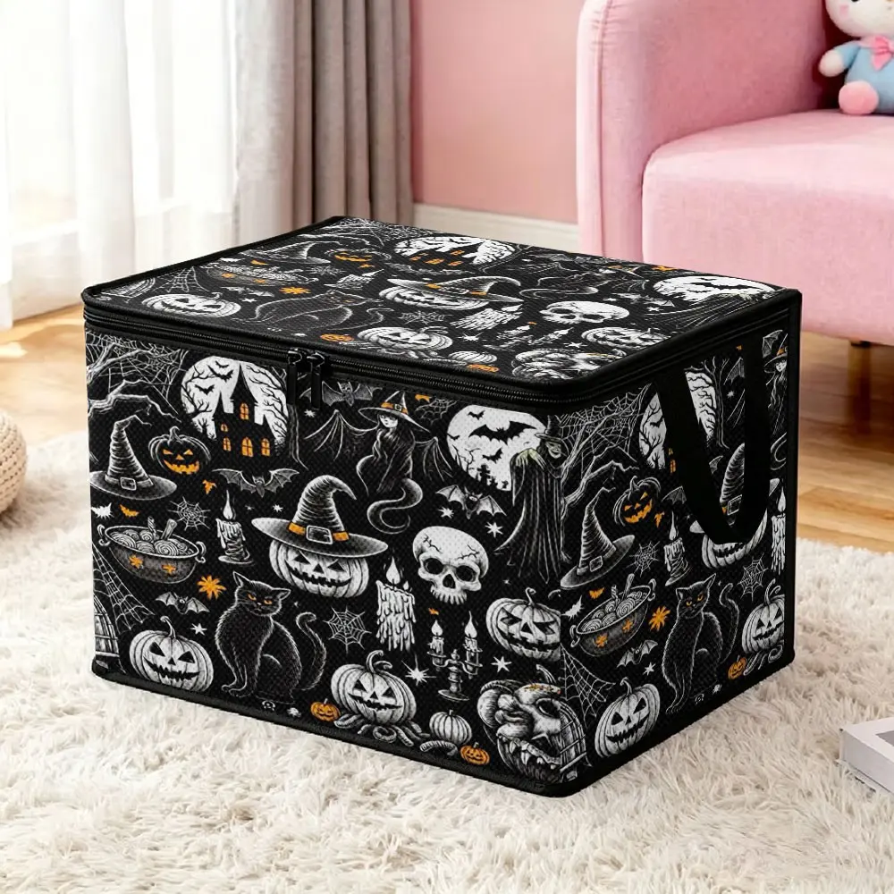 Halloween Dark Skull & Pumpkin Printed Non-woven Storage Box, Zippered Handheld Foldable Fabric Organizer, Dustproof Storage Container for Household Clothes, Snacks and Sundries