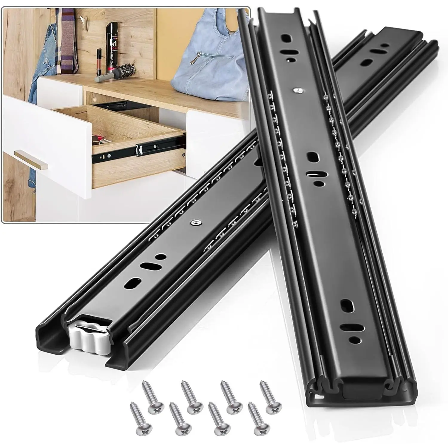 Drawer Slides 1 Pair Full Extension 10 12 14 16 18 20 22 24 inch Side Mount Rails Dresser Cabinet Bracket Replacement Ball Bearing Tracks Guide Metal Runner 100 LB (Basic-1 Pair, 12 Inch)