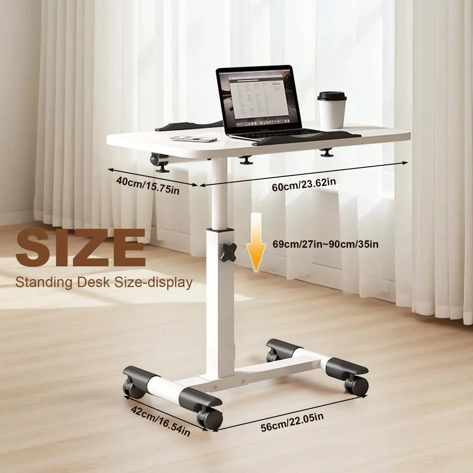 Adjustable Overbed Laptop Desk with Wheels – Tilting Desktop, Collapsible & Height Adjustable – Mobile Rolling Computer Table for Home Office, Hospital, or Workstation, Wood Grain Finish