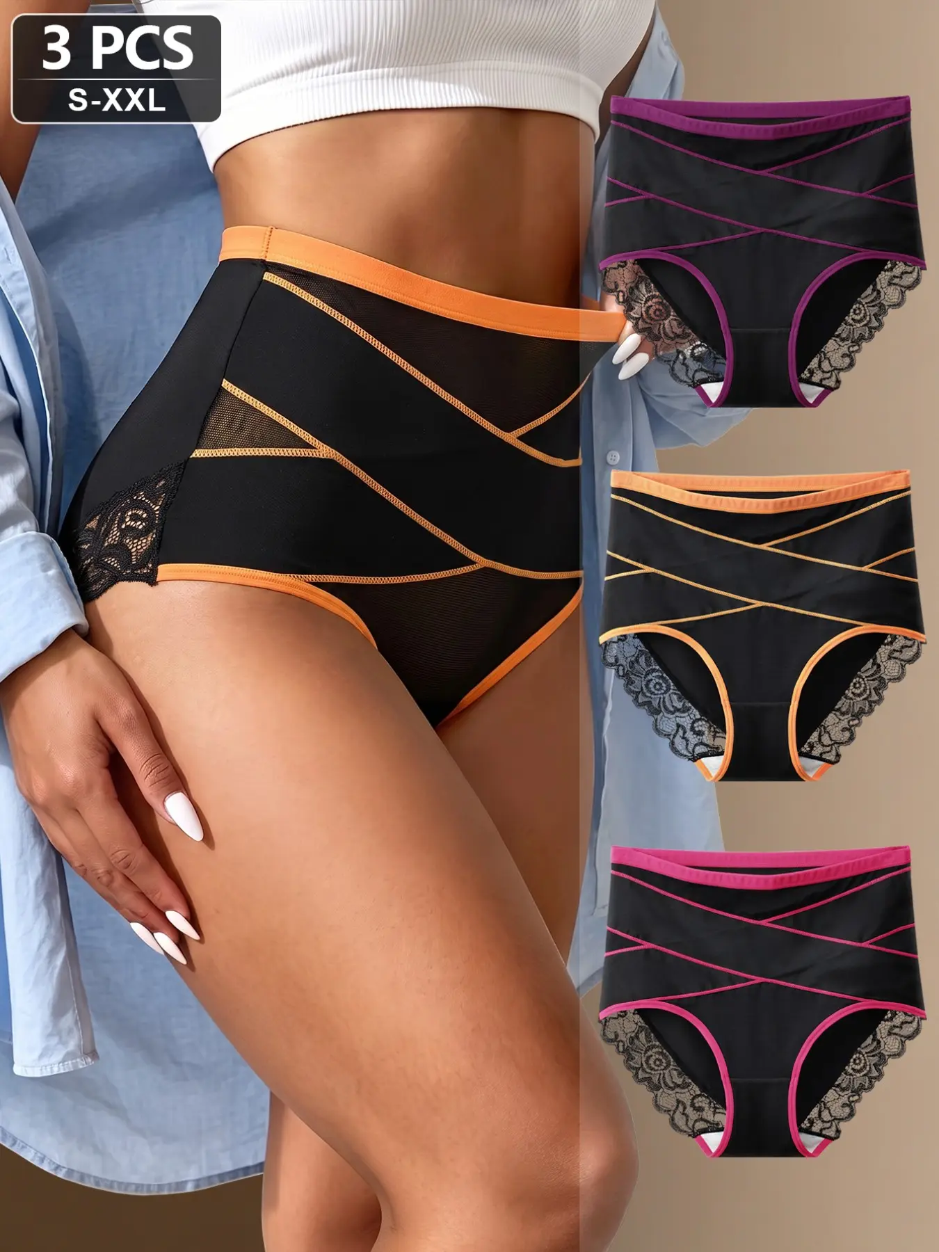 3-Pack High-Waisted Butt-Lift Control Briefs for Women, Mesh Patchwork Lace Triangle Panties, Elegant Slim-Fit Underwear for All Seasons