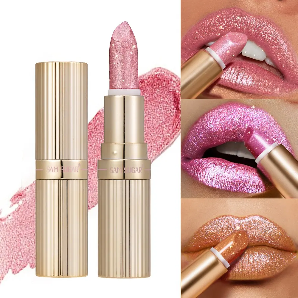 Sam Sugar Gold Tube Shimmer Lipstick, Waterproof Easy Color Payoff, Glitter Shiny Finish, Hydrating Moisturizing Nourishing Long Lasting Lip Balm