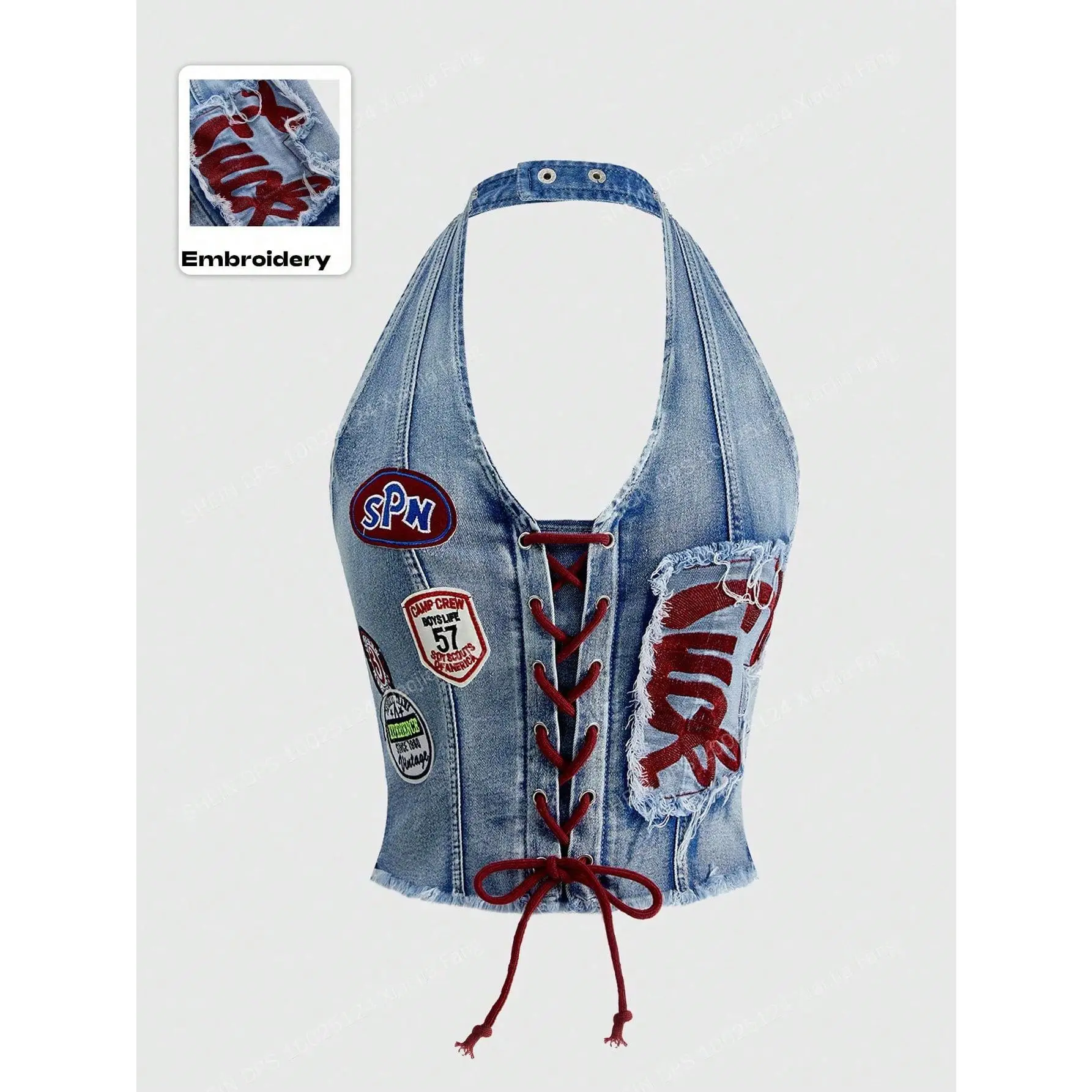 Embroidered Lace Up Denim Halter Top Y2k Sleeveless Smocked Backless Tank Crop Tops