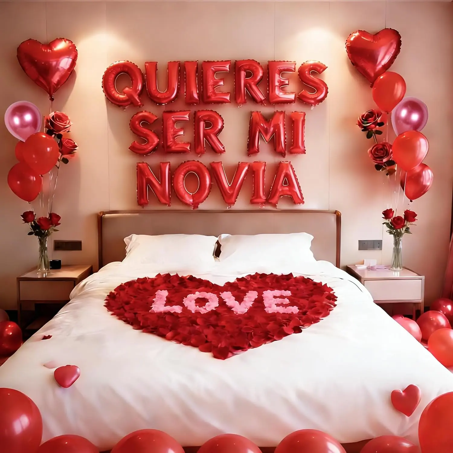 Red 16 Inch QUIERES SER MI NOVIA Balloons - 18 Inch Heart Balloons Alphabet Foil Mylar Balloons with 1200 count Artificial Rose Petals for Valentines Day Decorations