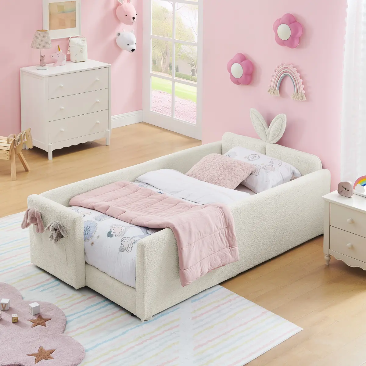 Twin Size Upholstered Platform Bed Frame with Cute Rabbit Ear Shaped Headboard and Pocket, for Boys and Girls, Platform Bed with Guardrail and Slats, No Box Spring Required, Easy Assembly, Beige