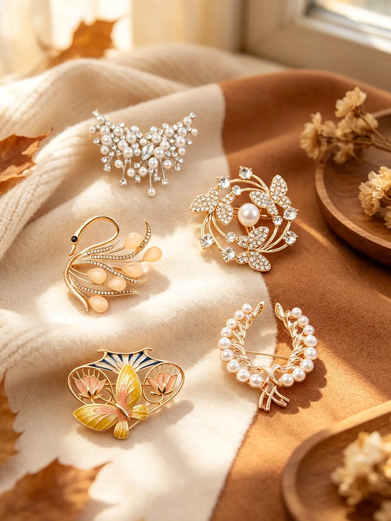 5Pcs Elegant Brooches | Vintage & Romantic Swan & Butterfly Pins with Pearls & Crystals, Perfect for Women to Elevate Wedding, Office & Everyday Outfits