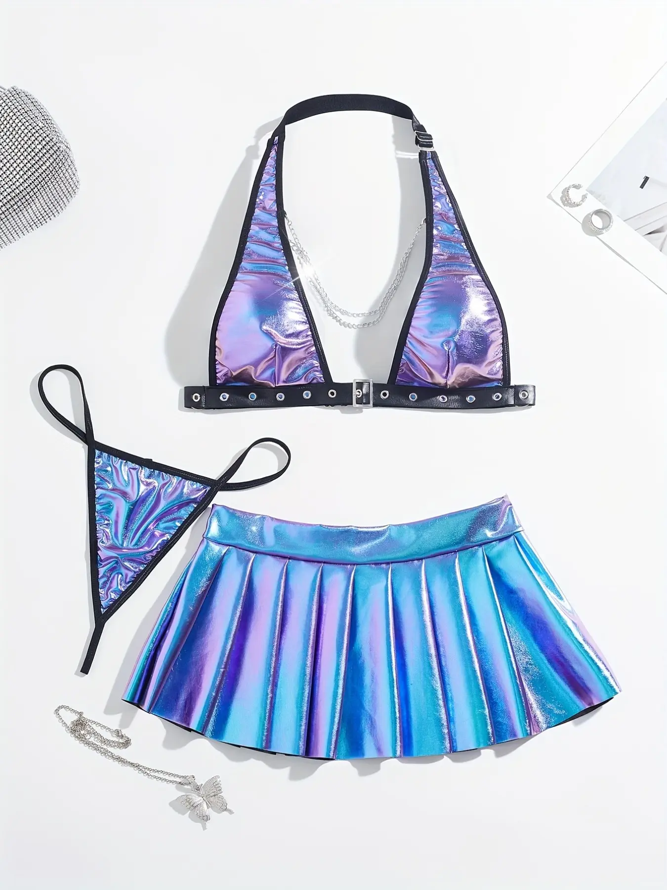3-Piece Punk Reflective Gradient Metal Chain Halter Set, Cyberpunk Style, Perfect for Music Festivals, Edm Parties, Nightclub