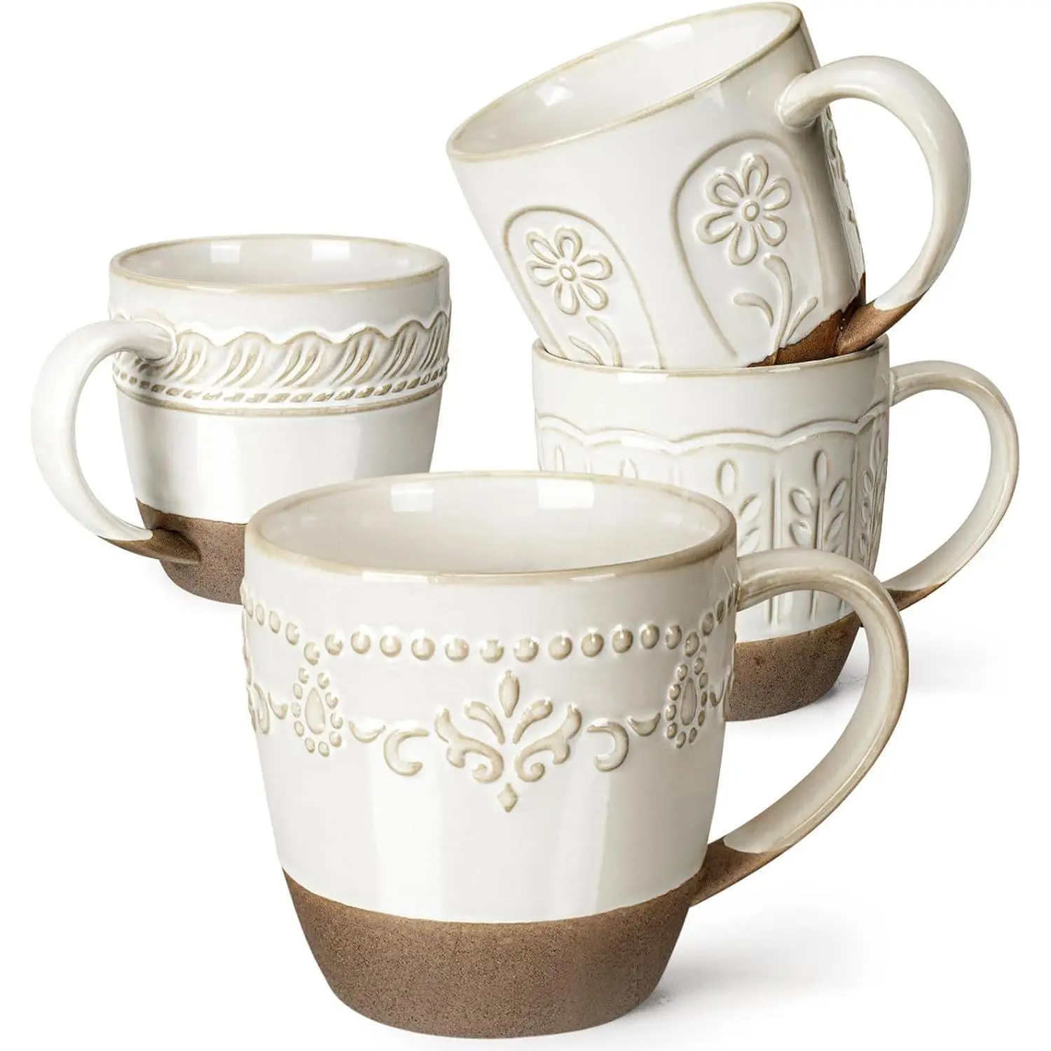 Ceramic Coffee Mugs Set of 4 - 16oz Vintage Floral Multiple Patterns Large Handle Mugs, Dishwasher & Microwave Safe, Elegant White Embossed Cups for Latte & Hot Cocoa, Housewarming Home Kitchen Essential