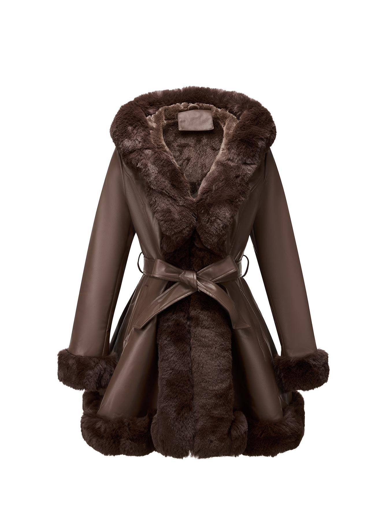 Giolshon Women's Fall & Winter PU Long Jackets, Warm Casual Hooded Fitted Coats with Detachable Belt and Faux Fur, Everyday Stylish Aesthetic Outerwear Womenswear