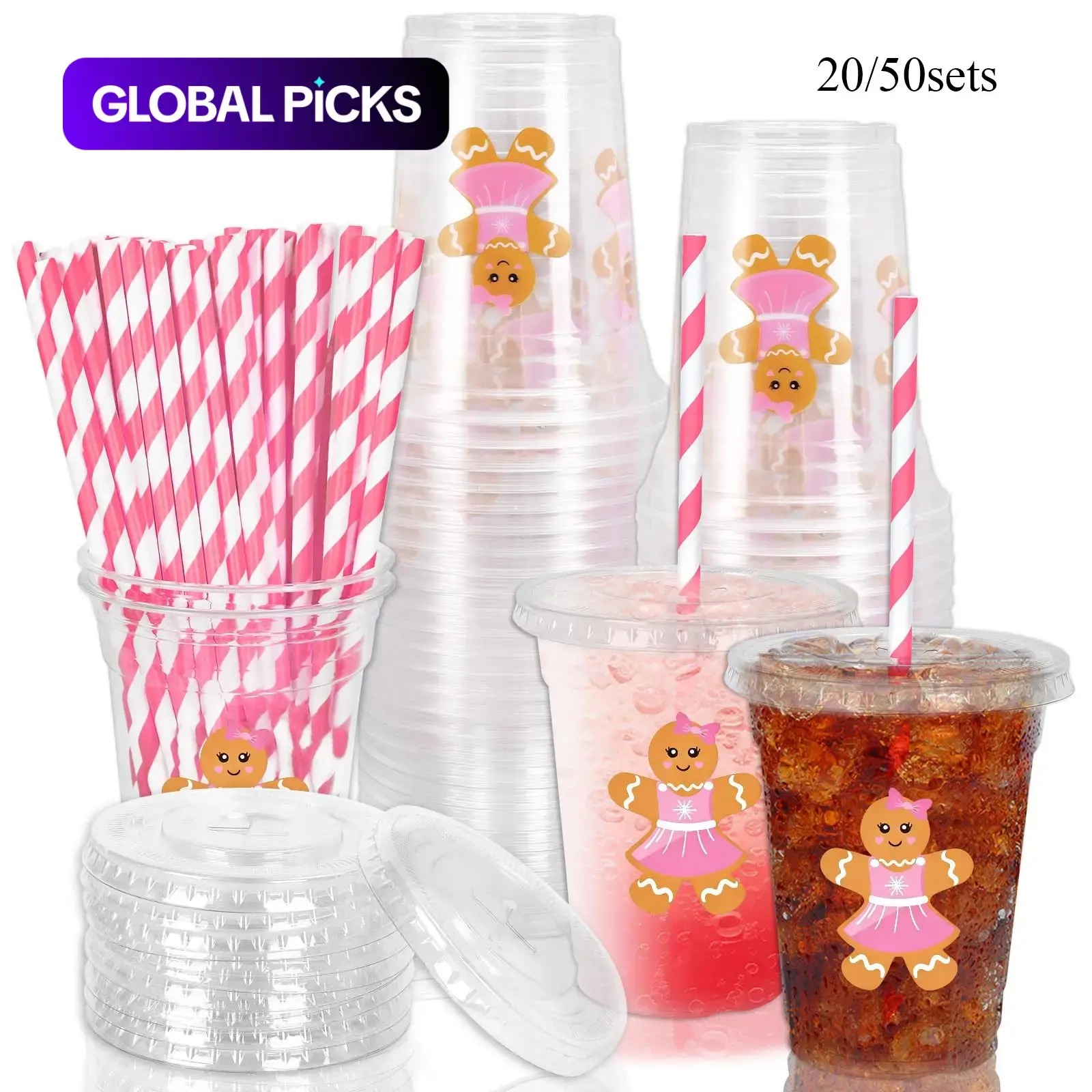 20/50 Pack 12oz Christmas Disposable Plastic Cups with Lids and Straws, Cute Gingerbread Man Design, Ideal for Cold Drinks, Party Supplies