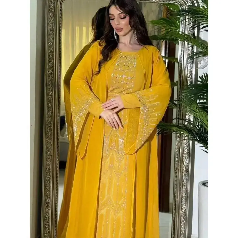 Eid Muslim Party Dress for Women Fake 2 Piece Diamond Ramadan Abaya Belt Flare Sleeve Kaftan Vestidos Largos Dubai Robe Jalabiya